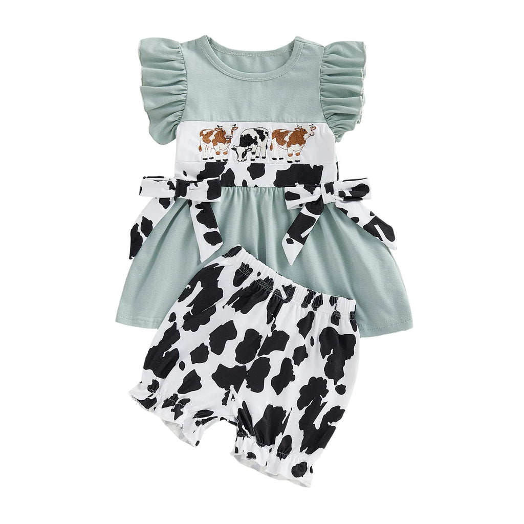 Cow Patterned Flutter Sleeve Shirt and Shorts Set