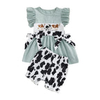 Cow Patterned Flutter Sleeve Shirt and Shorts Set