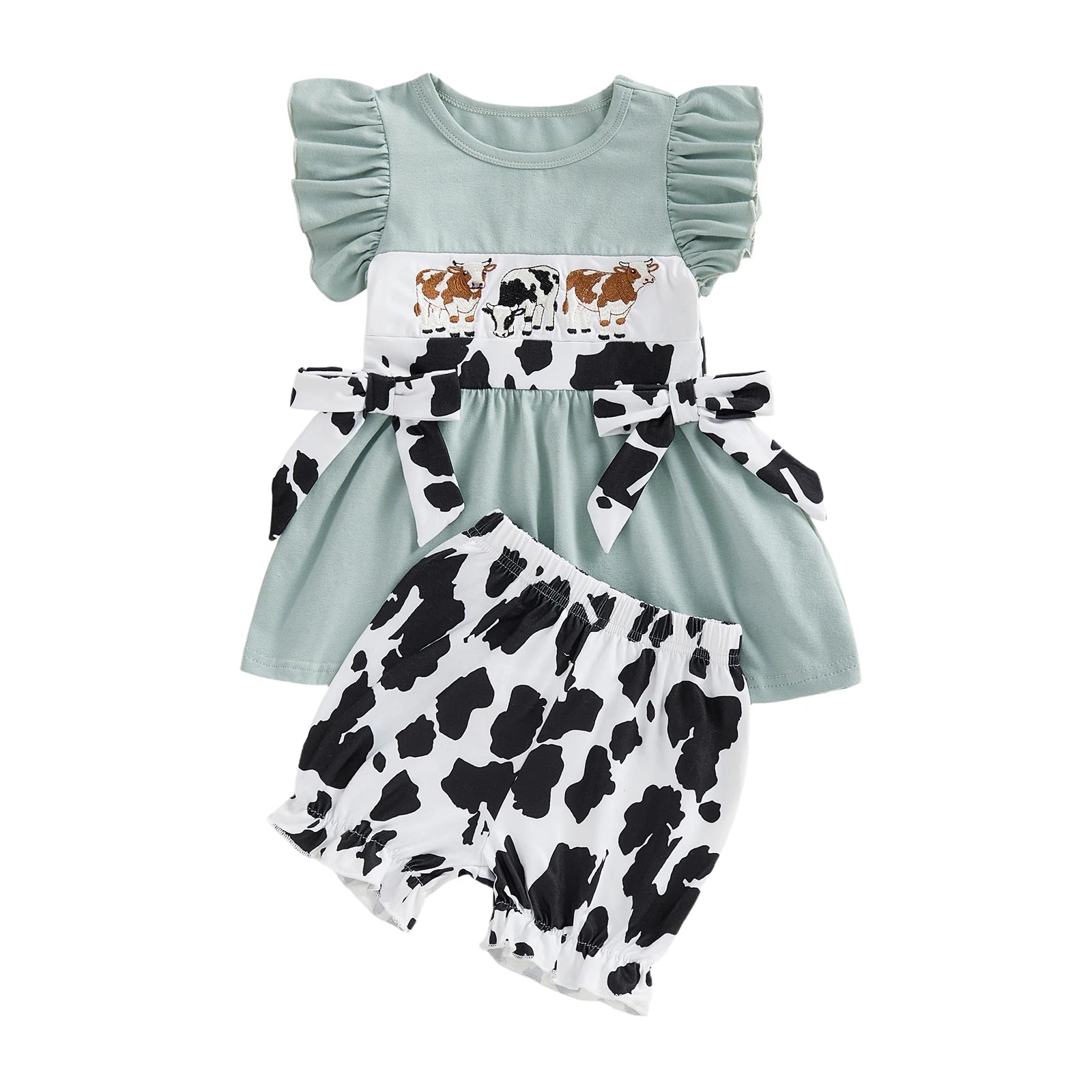 Cow Patterned Flutter Sleeve Shirt and Shorts Set
