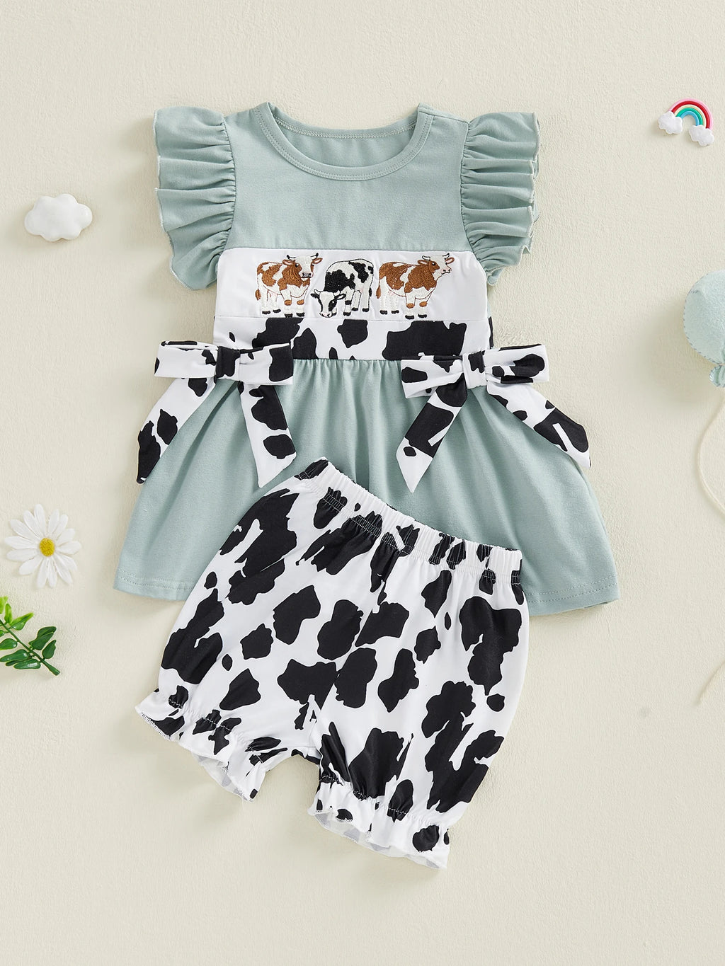 Cow Patterned Flutter Sleeve Shirt and Shorts Set