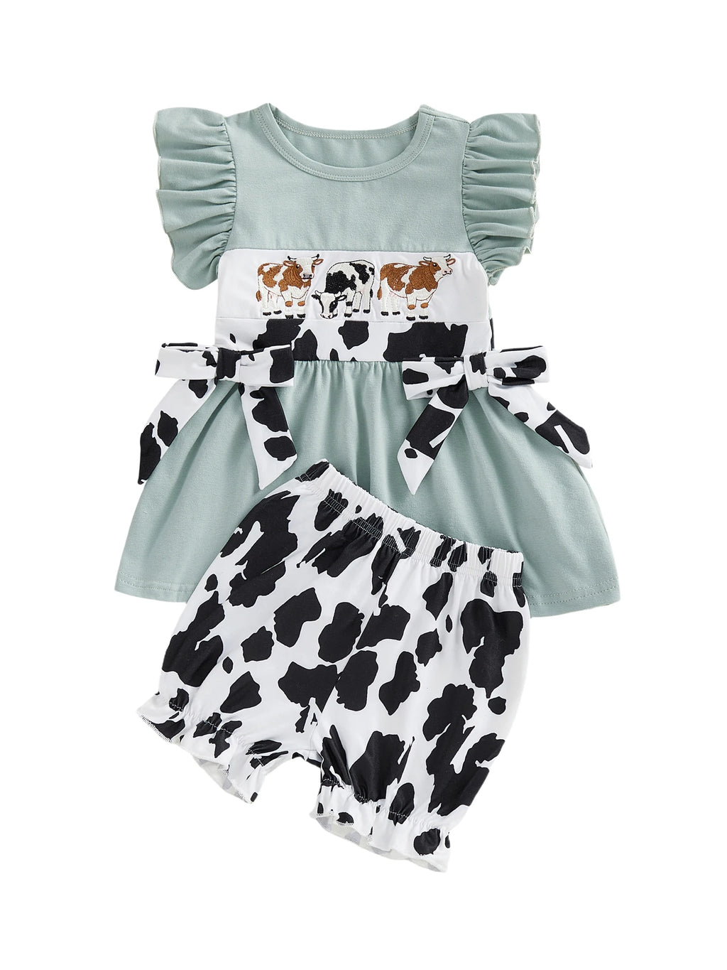 Cow Patterned Flutter Sleeve Shirt and Shorts Set