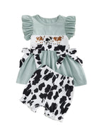 Cow Patterned Flutter Sleeve Shirt and Shorts Set