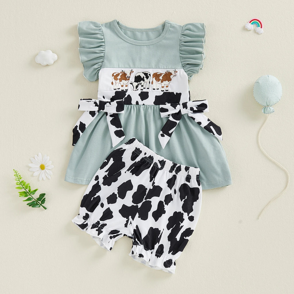 Cow Patterned Flutter Sleeve Shirt and Shorts Set
