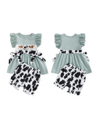 Cow Patterned Flutter Sleeve Shirt and Shorts Set