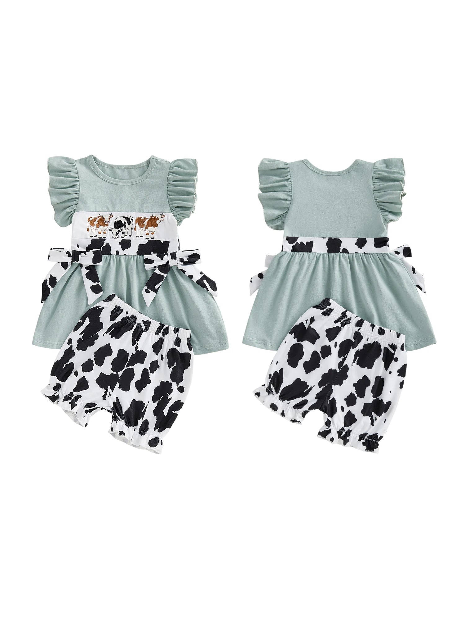 Cow Patterned Flutter Sleeve Shirt and Shorts Set